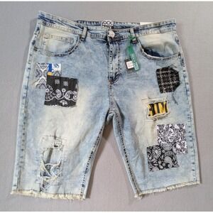 Rock Salt Jean Shorts Size 42 Blue Y2K Distressed Paisley‎ Patchwork Demin NWT